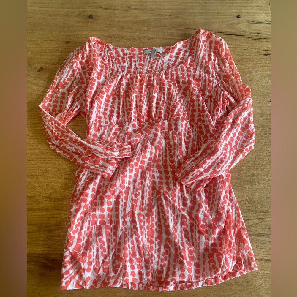 Amber Sun‎ Long Sleeve Empire Line Tunic Top Orange White Women’s Large Preloved